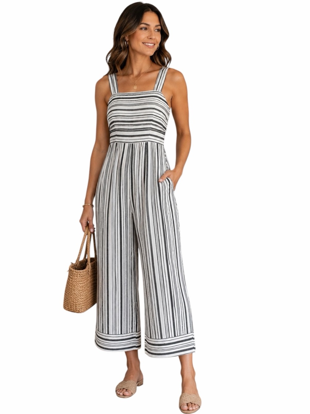 Japna Black White Striped Wide Leg Jumpsuit Womens XS Square Neck Pocket